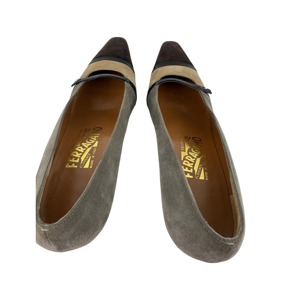 Vintage Salvatore Ferragamo Tri-Color Suede Pumps Size 7.5B Block Heel Old Money - Picture 5 of 11